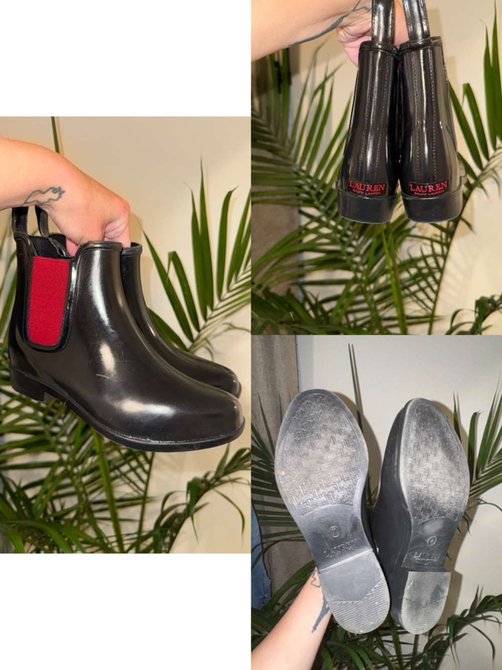 Ralph Lauren Black Chelsea Rain Booties with Red Elastic Panels